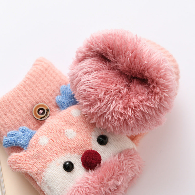 Wholesale Children's Winter Plush and Thick Flip Half Finger Knitted Cartoon Imitation Cashmere Gloves