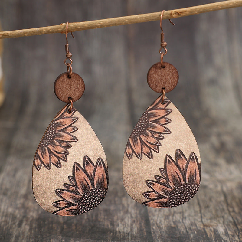 Wholesale Western style sunflower retro wood carving water drop Earrings creative stitching Earrings