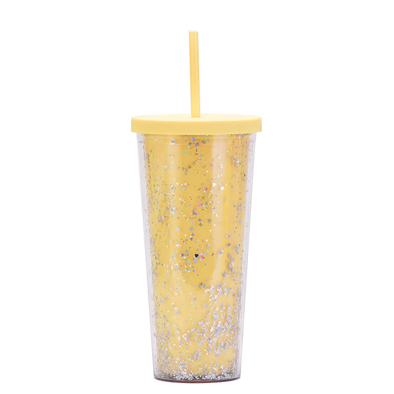 Wholesale  24OZ Double Layer Plastic Cup Sequins Glitter Creative Water Cup with Straw