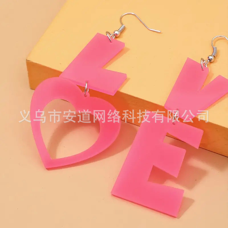 Wholesale  Love Letter Acrylic Asymmetric Pink Heart Earrings
