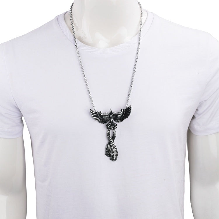 Wholesale Titanium Steel Phoenix Pendant Pearl Chain Necklace Chinese Trend Street Hip Hop Unisex Jewelry