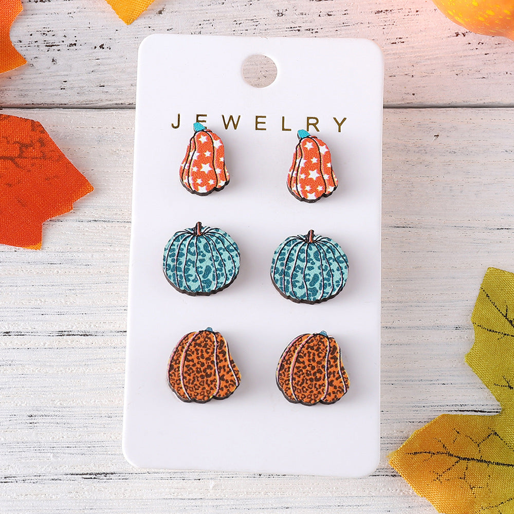 Wholesale Autumn Thanksgiving Leopard Plaid Star Pumpkin Wooden Earrings