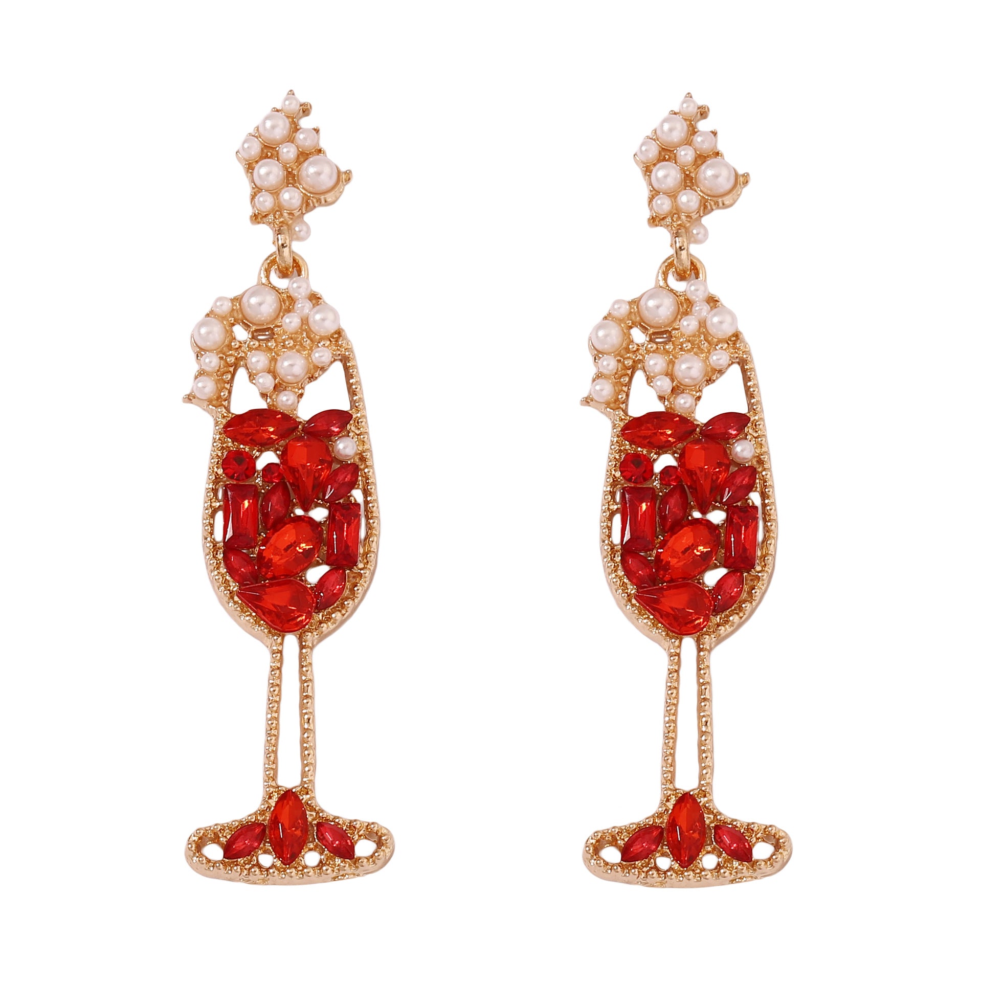 Wholesale Pearl Inlaid Diamond Wine Glass Shaped Alloy Earrings