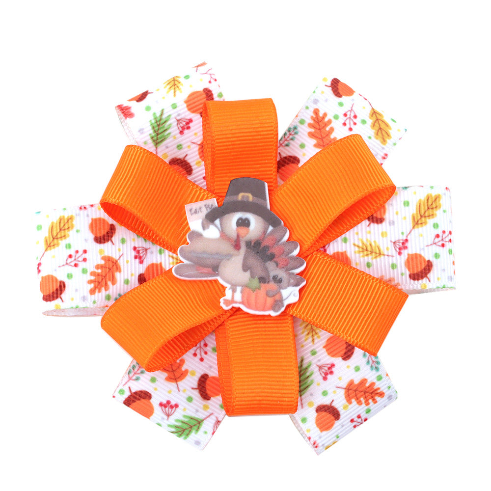 Wholesale 10pcs/pack Thanksgiving Children' s Bow Hairpin Point Small Turkey Accessories Headwear Rowan Ribbon
