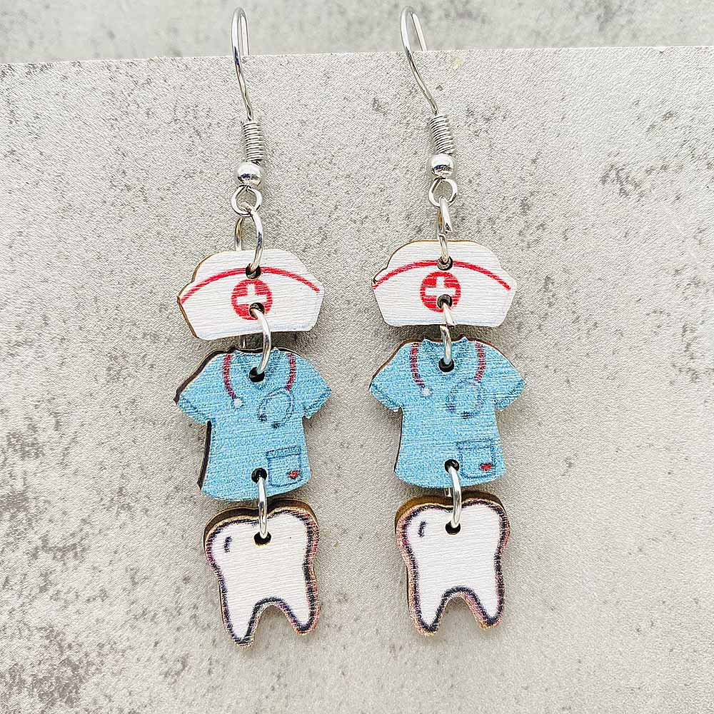 Wholesale Nurse Day Earrings Nurse Uniform Stethoscope Love Pill Wooden Earrings