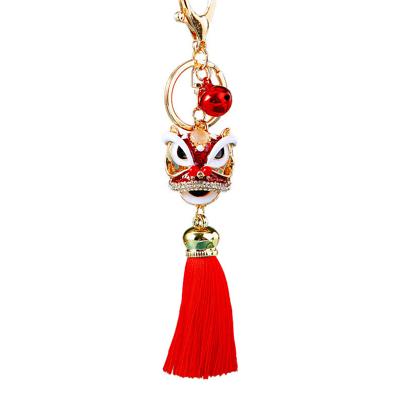 Wholesale Metal Chinese Style Lucky Lion Head Tassel Car Keychain Sapphire Blue Rhinestone Gift For Men Women