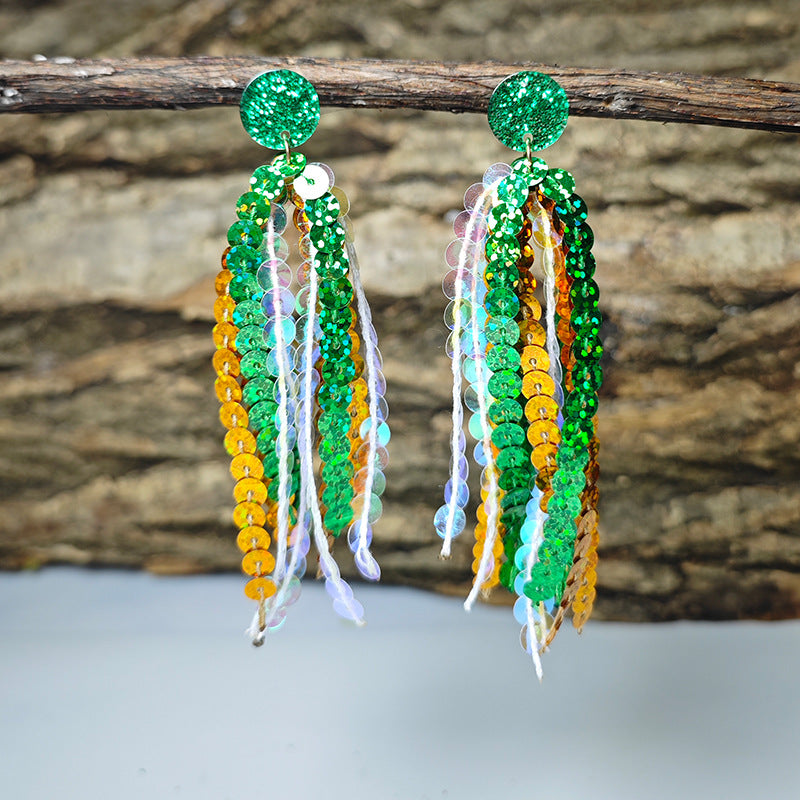 Wholesale Shiny Laser Green Sequin Round Tassel San Patrick Atmosphere Earrings