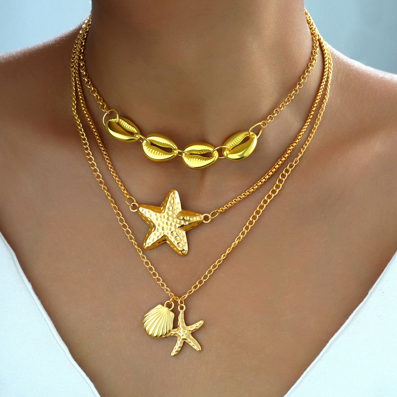 Wholesale Trendy Multi Layer Shell Starfish Necklace Beach Collarbone Chain Boutique Resale Jewelry Accessory