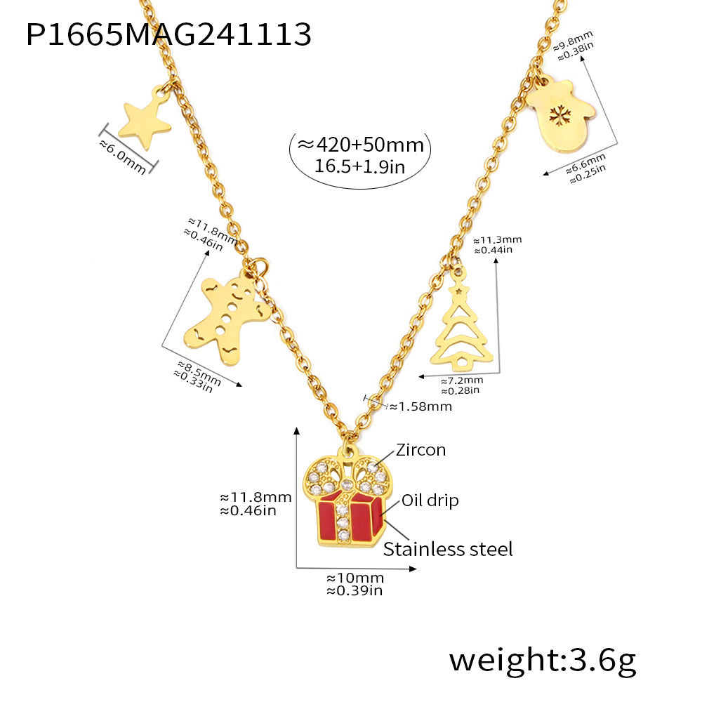 Wholesale Stainless steel 18K real gold plated Christmas enamel zircon necklace