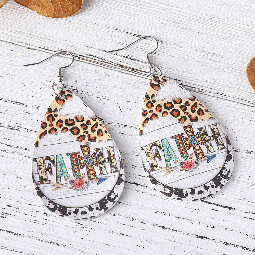 Wholesale Western Denim FAITH Leopard Print Turquoise Cross Double Sided Print PU Leather Drop Earrings