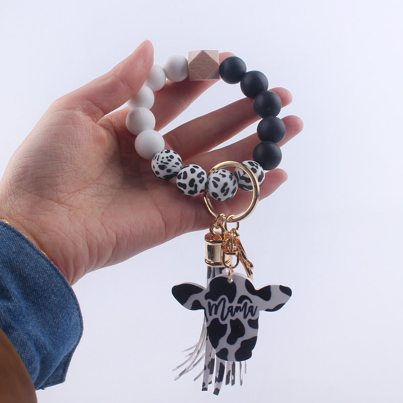 Wholesale MAMA Wood Chips Cow Head Western Style Silicone Beads Wrist Keychain
