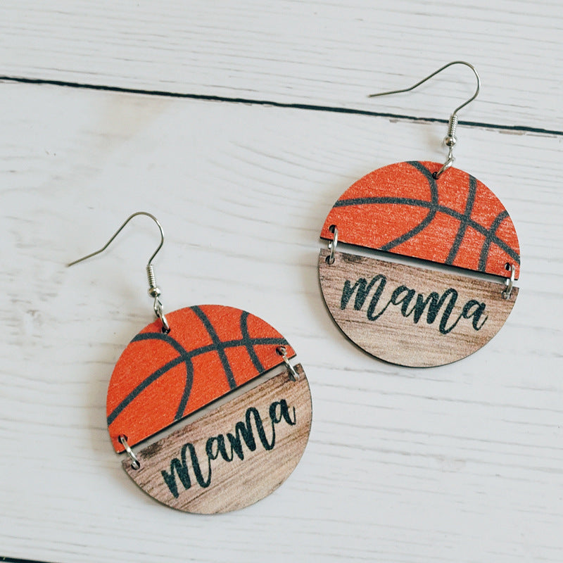 Wholesale Mother' s Day wooden earrings Sports softball basketball wooden round earrings