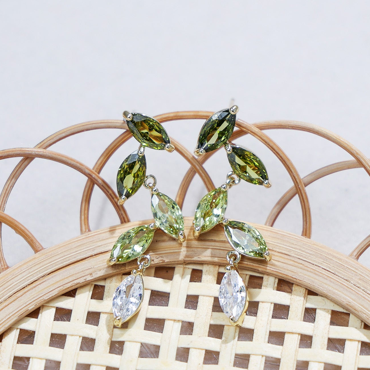 Wholesale Olive Green Gradient Zircon Leaf Earrings