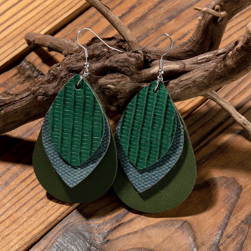 Wholesale Multi-layer Water drop Leaf Earrings PU Leather