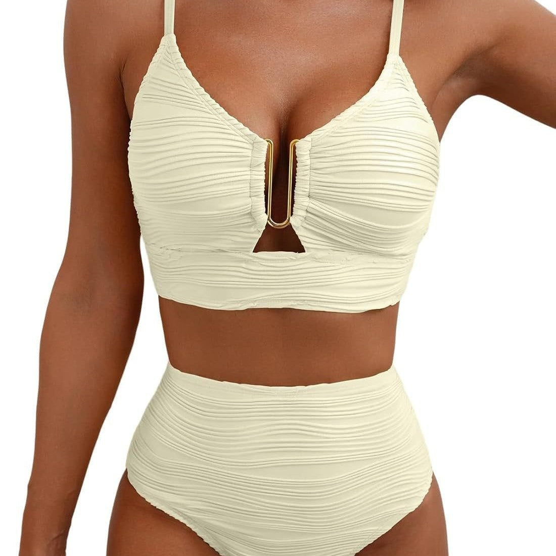 Wholesale Split hollow texture ribbed metal decorative swimsuit set