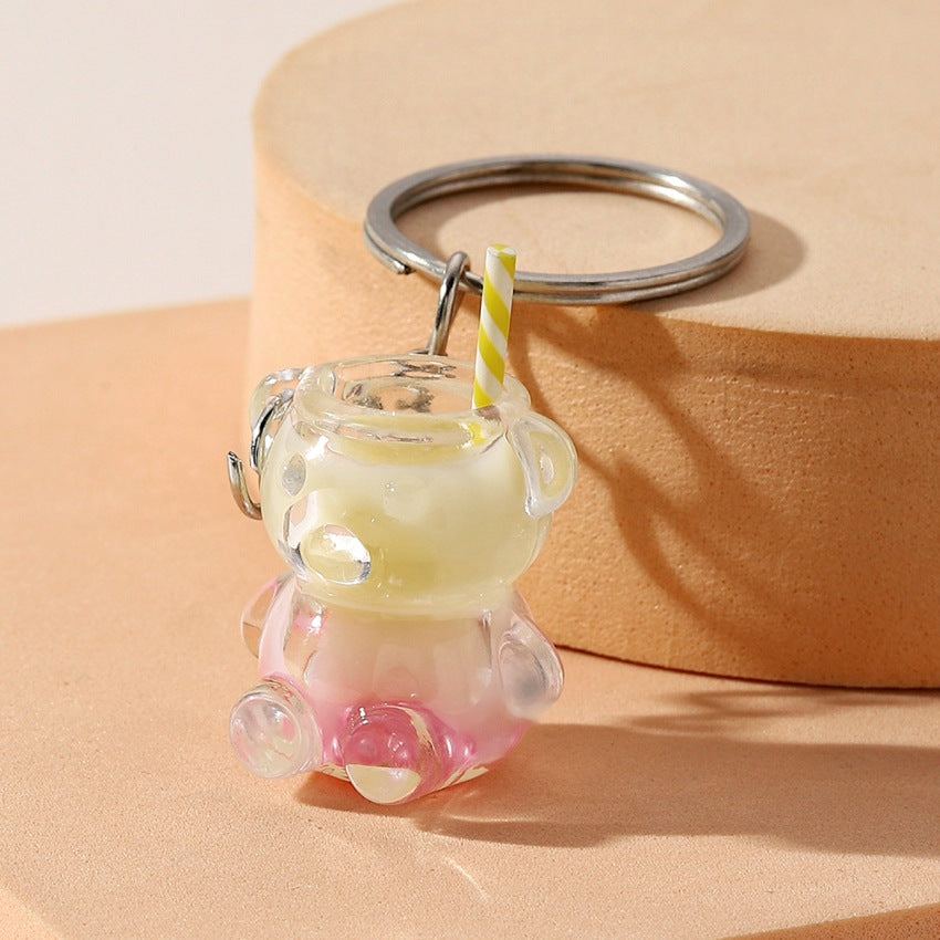 Wholesale Nightlight Bicolor Little Bear Milk Tea Straw Cup Resin Keychain
