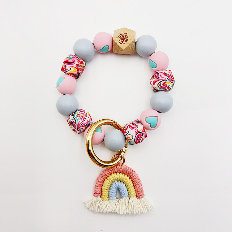 Wholesale Candy Color Silicone Beaded Rainbow Handwoven Tassel Wrist Keychain