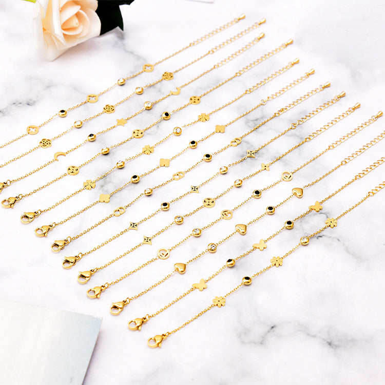 Wholesale Black and White Diamond Butterfly Love Star and Moon Bracelet Titanium Steel 18k Gold Leaf Letter Bracelet