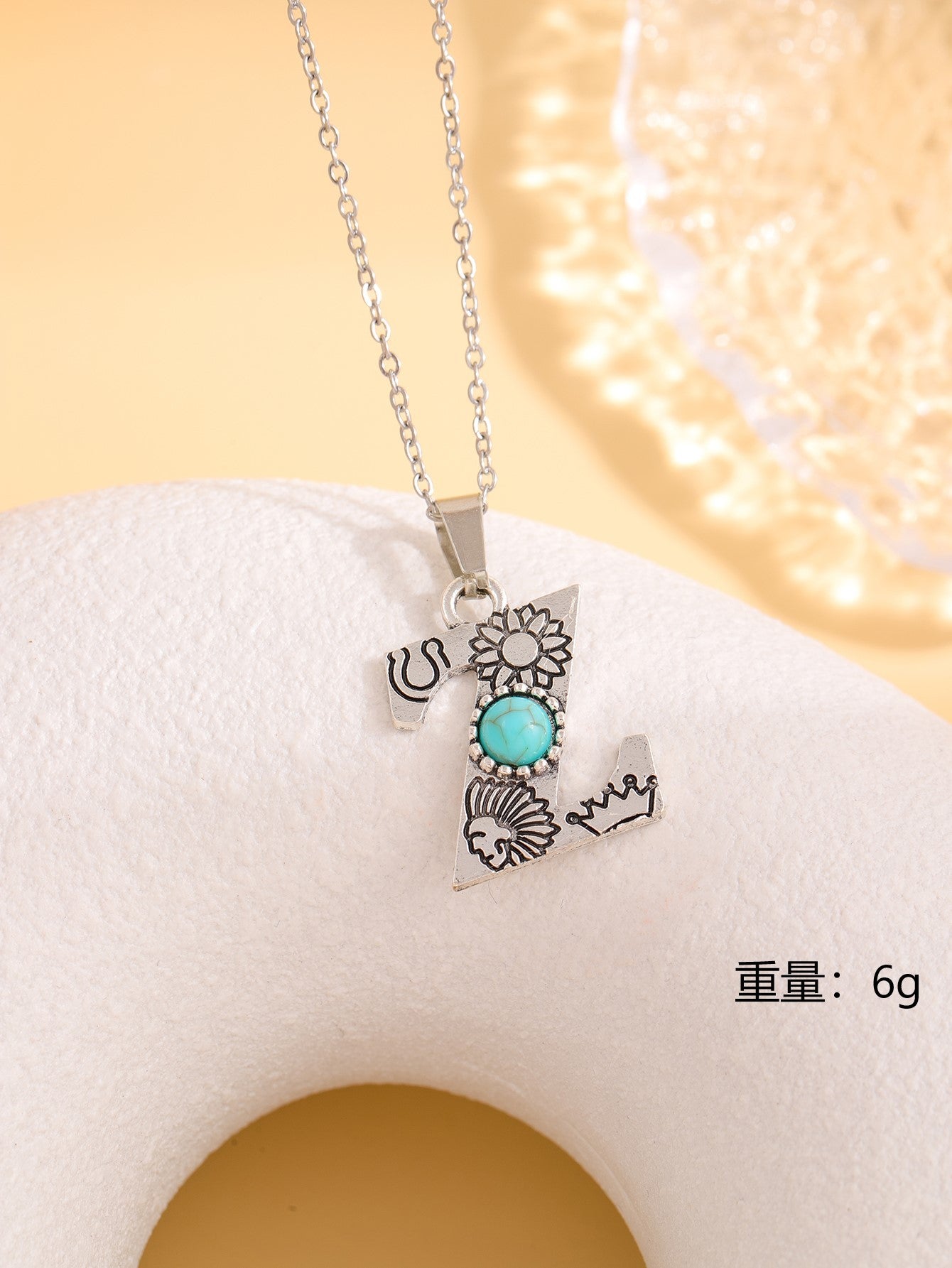 Wholesale Western stainless steel chain cactus turquoise letter necklace