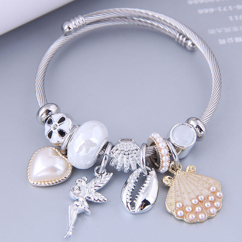 Wholesale Stainless Steel DIY Handmade Beaded Love Angel Shell Pearl Alloy Bracelet