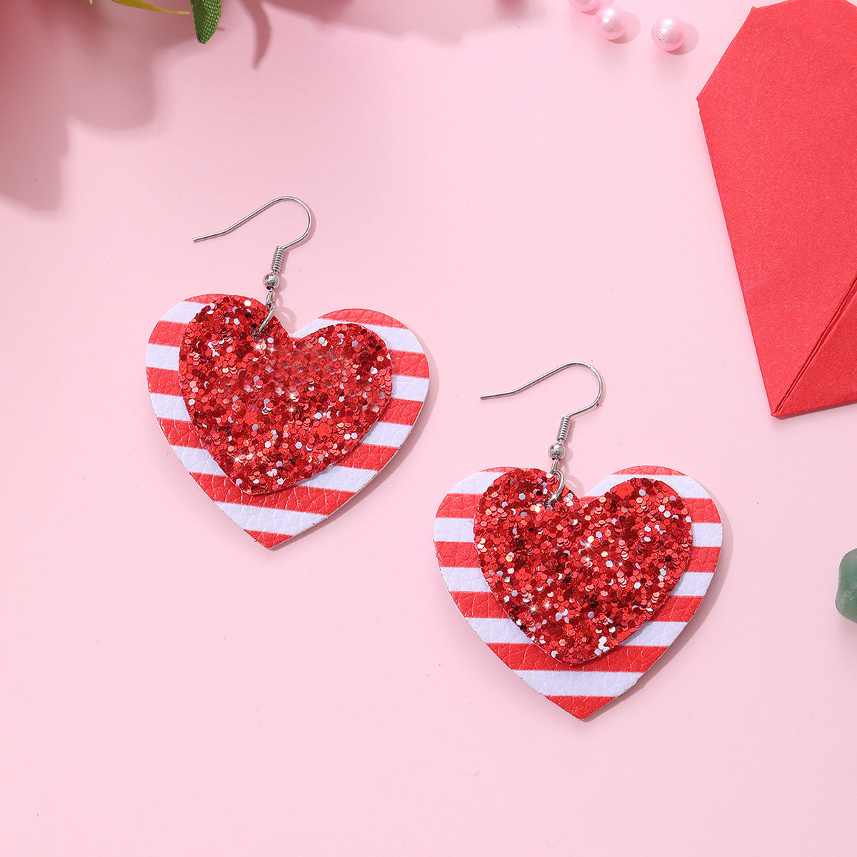 Wholesale Valentine's Day Love Shaped Red and White Striped Sequins Glitter Leather Earrings