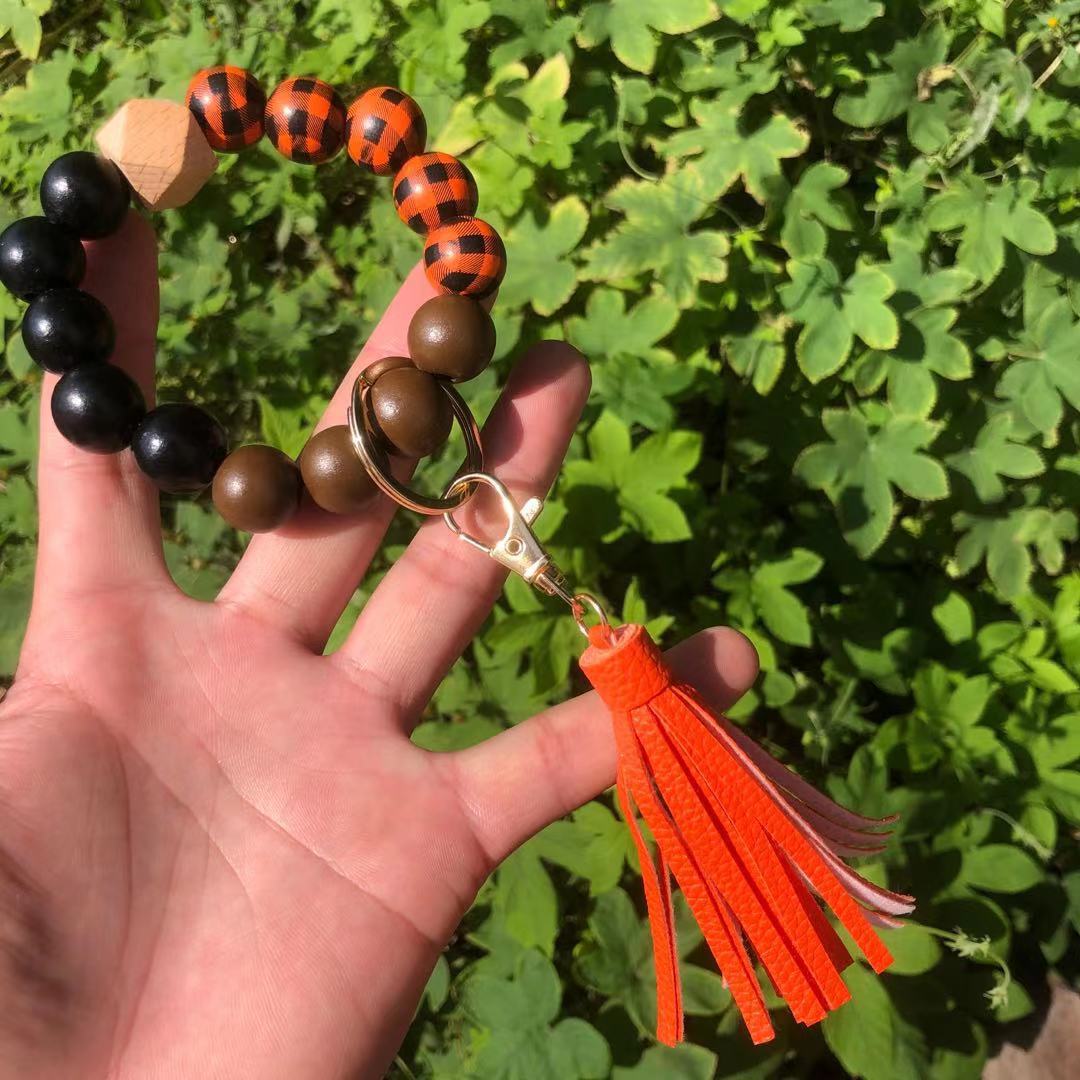 Wholesale Christmas Wooden Beads Plaid Leopard Print PU Tassel Bracelet Keychain