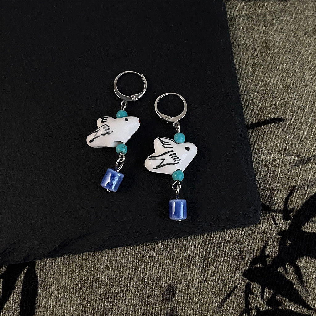 Wholesale Blue and white porcelain bird animal vase series earrings