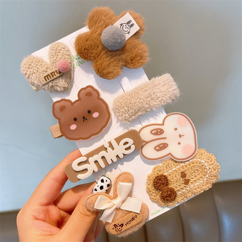 Wholesale Multi Piece Set Autumn and Winter Plush Hair Clip, Children's Coffee Color Cute Forehead Bangs Hair Clip