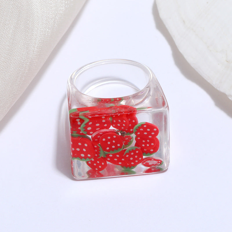 Wholesale Transparent Design Fruit Series Square Resin Ring