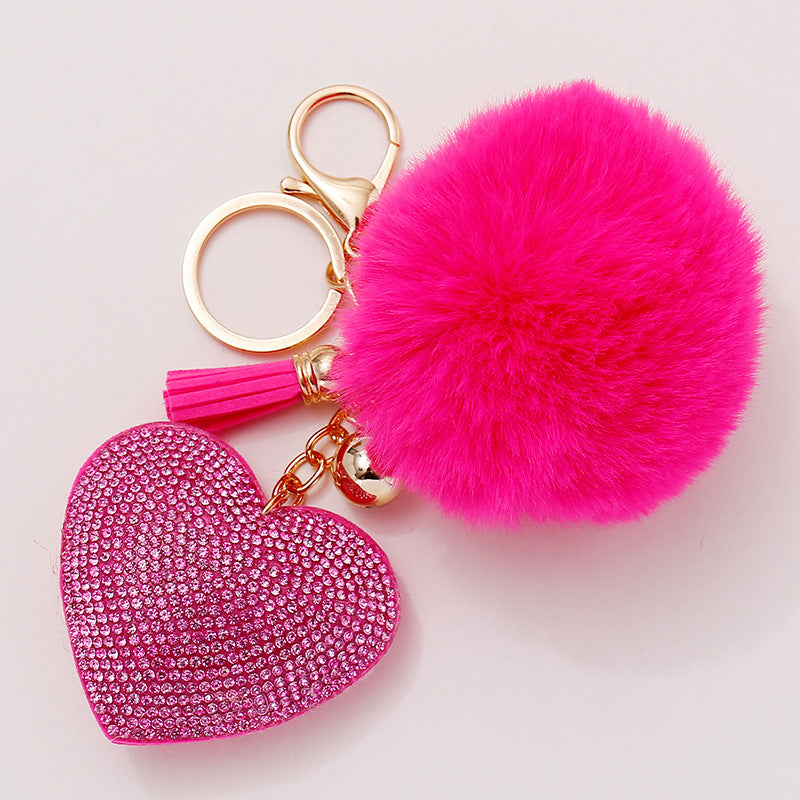 Wholesale of 50pcs Velvet Inlaid Diamond Heart Tassel Zinc Alloy Keychain