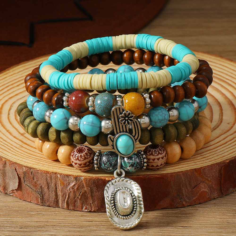 Wholesale Western Turquoise Cattle Head Hat Multi-layer Storestring Bracelet Multi-piece Beaded Bracelet