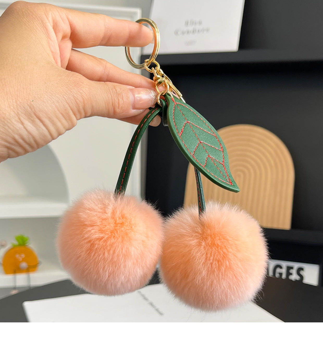 Wholesale Faux fur single leaf cherry plush pendant keychain