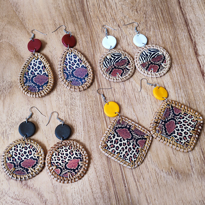 Wholesale 3 Pairs/Pack Polymer Clay Rattan Copper Braided Leopard Zebra Print Earrings