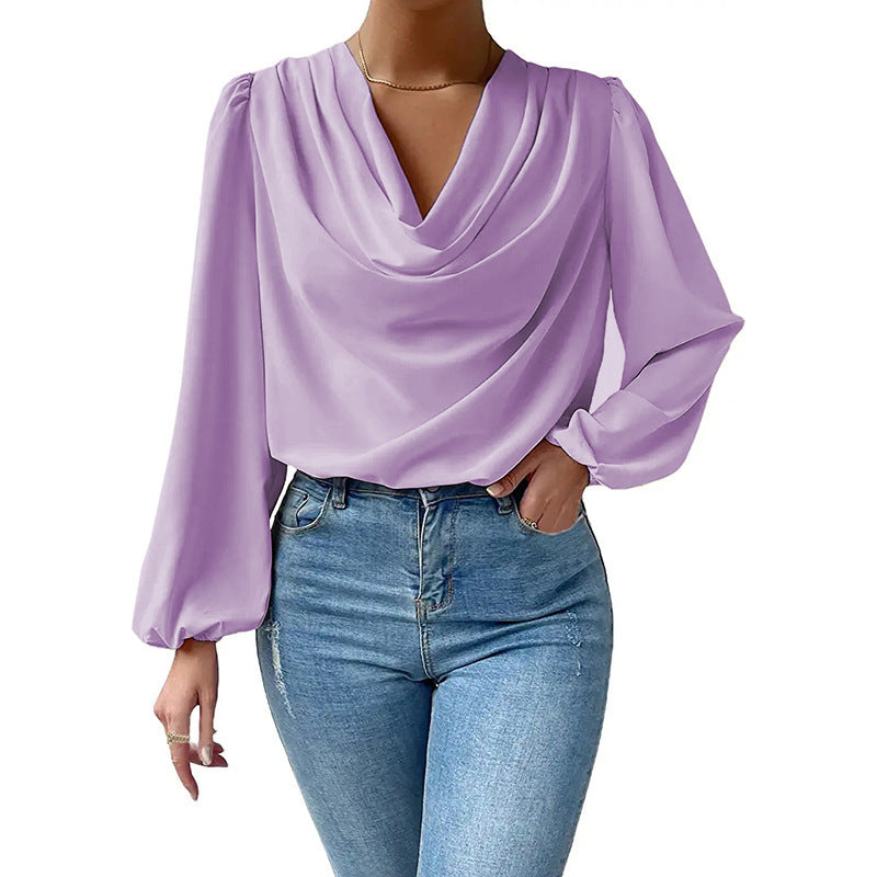 Wholesale chiffon long sleeve shirt loose draped v-neck top T-shirt women's clothing