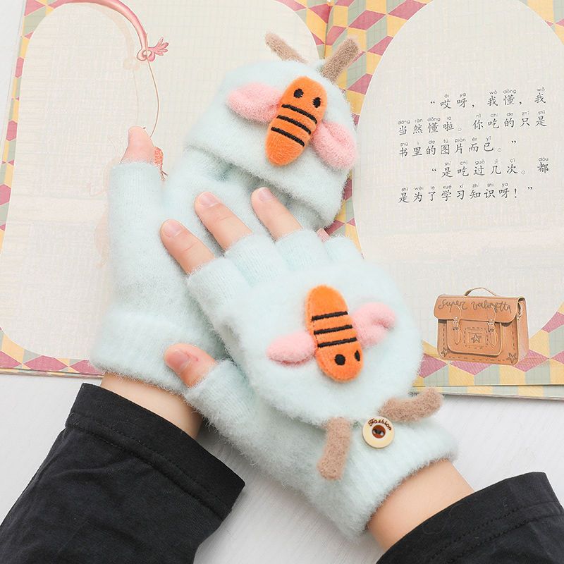 Wholesale Plush and Thickened Half Finger Flip Knitted Wool Little Bee Gloves