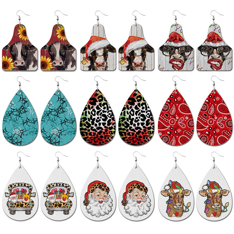 Wholesale 2 Pairs/pack Christmas Cow Elk Santa Claus Leopard Print Leather Earrings