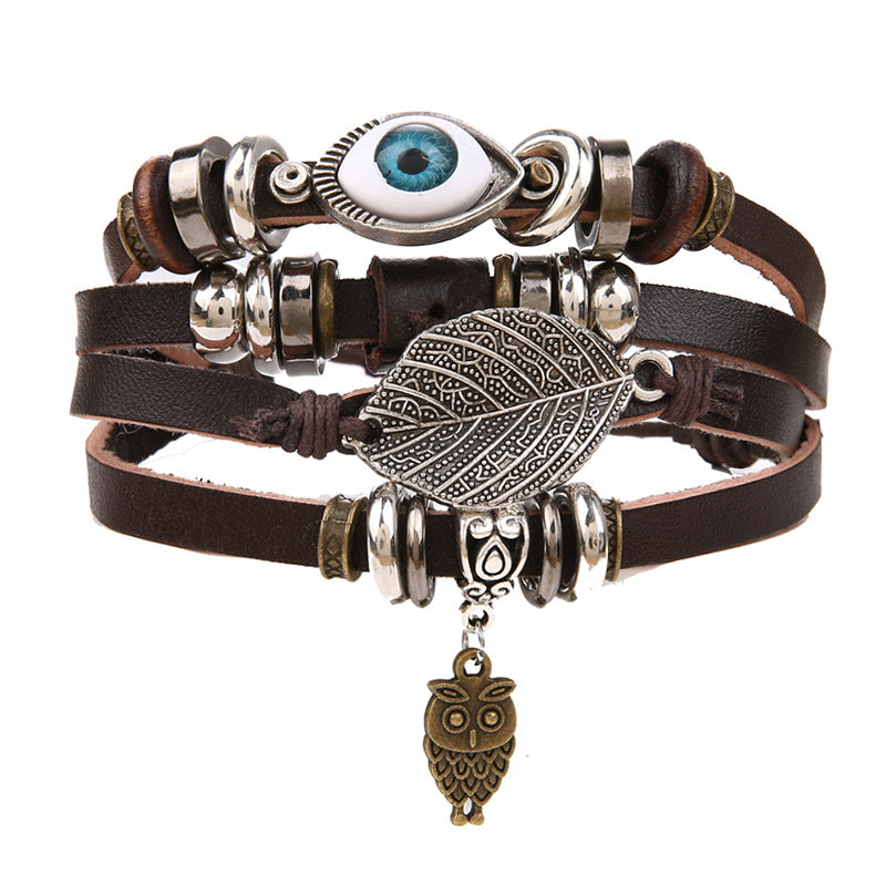Wholesale Vintage Leaf Handwoven Multi-layer Leather Bracelet