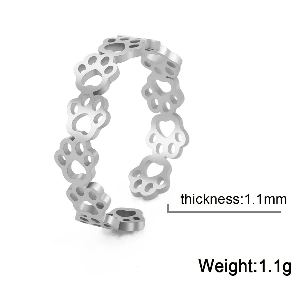 Wholesale Titanium steel color hollow continuous cat footprint opening adjustable couple ring stainless steel opening ring