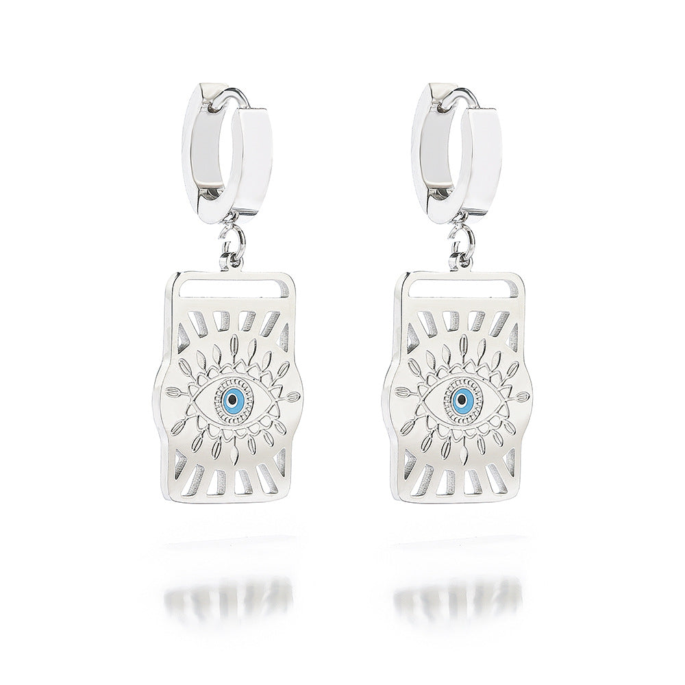 Wholesale Titanium Steel Devil Eye Hollow Square Pendant Earrings