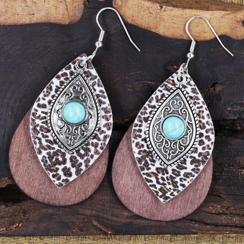 Wholesale Blue Turquoise Alloy Wood Leather Multi Layer Combination Earrings