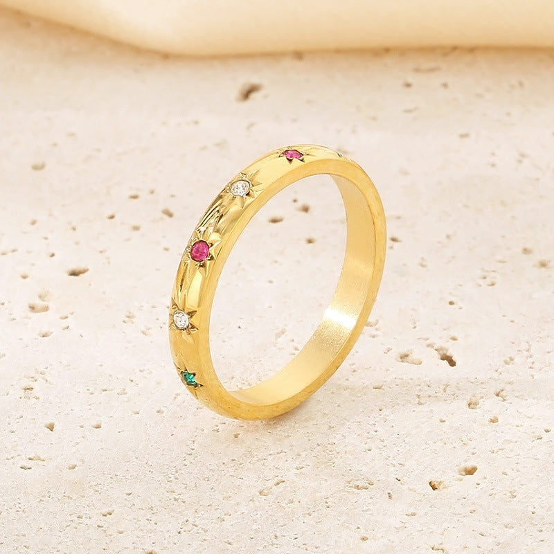 Wholesale Sweet Personality Single Row Diamond Fashion Temperament Colorful Eight-pointed Star Stainless Steel Rings