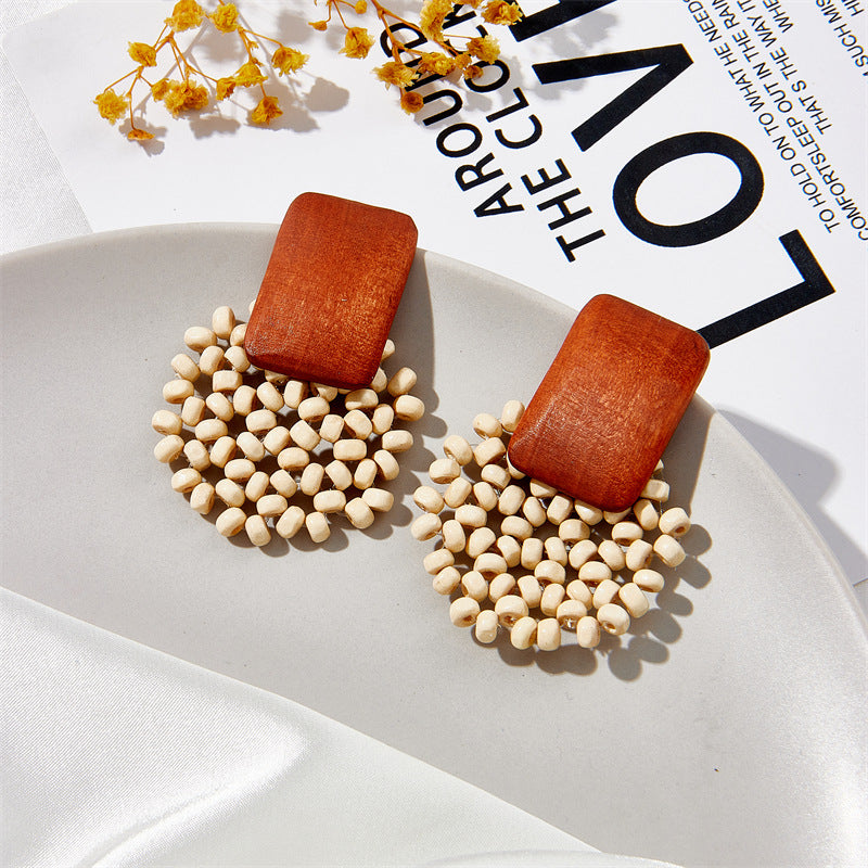 Wholesale Geometric Wooden Beaded Vintage 925 Silver Needle Earrings