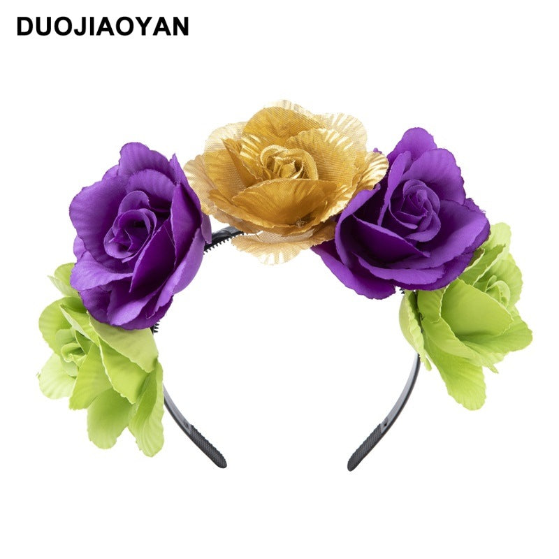 Wholesale Carnival artificial fabric rose purple green big flower headband
