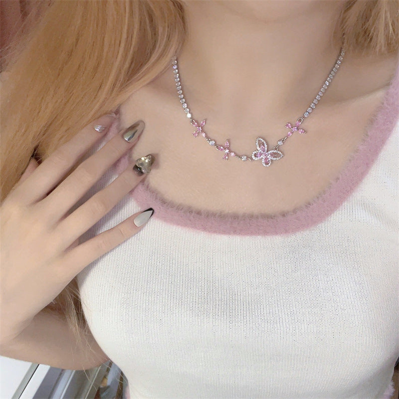 Wholesale Sweetheart Sakura Pink Asymmetric Butterfly Necklace for Women