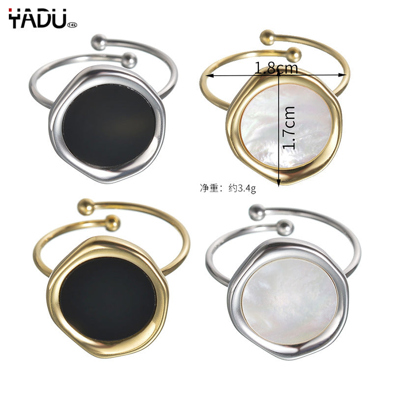 Wholesale Electroplated Stainless Steel Black And White Mother Of Pearl Irregular Geometric Ring Trendy Korean Style Boutique Resale Fashion Jewelry