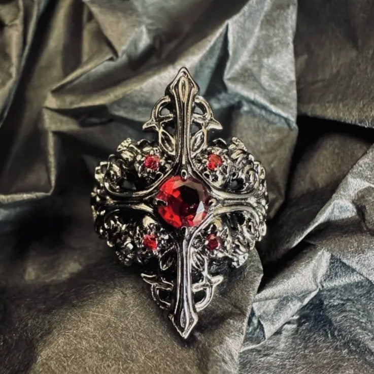 Wholesale Gothic cross diamond and ruby open ring
