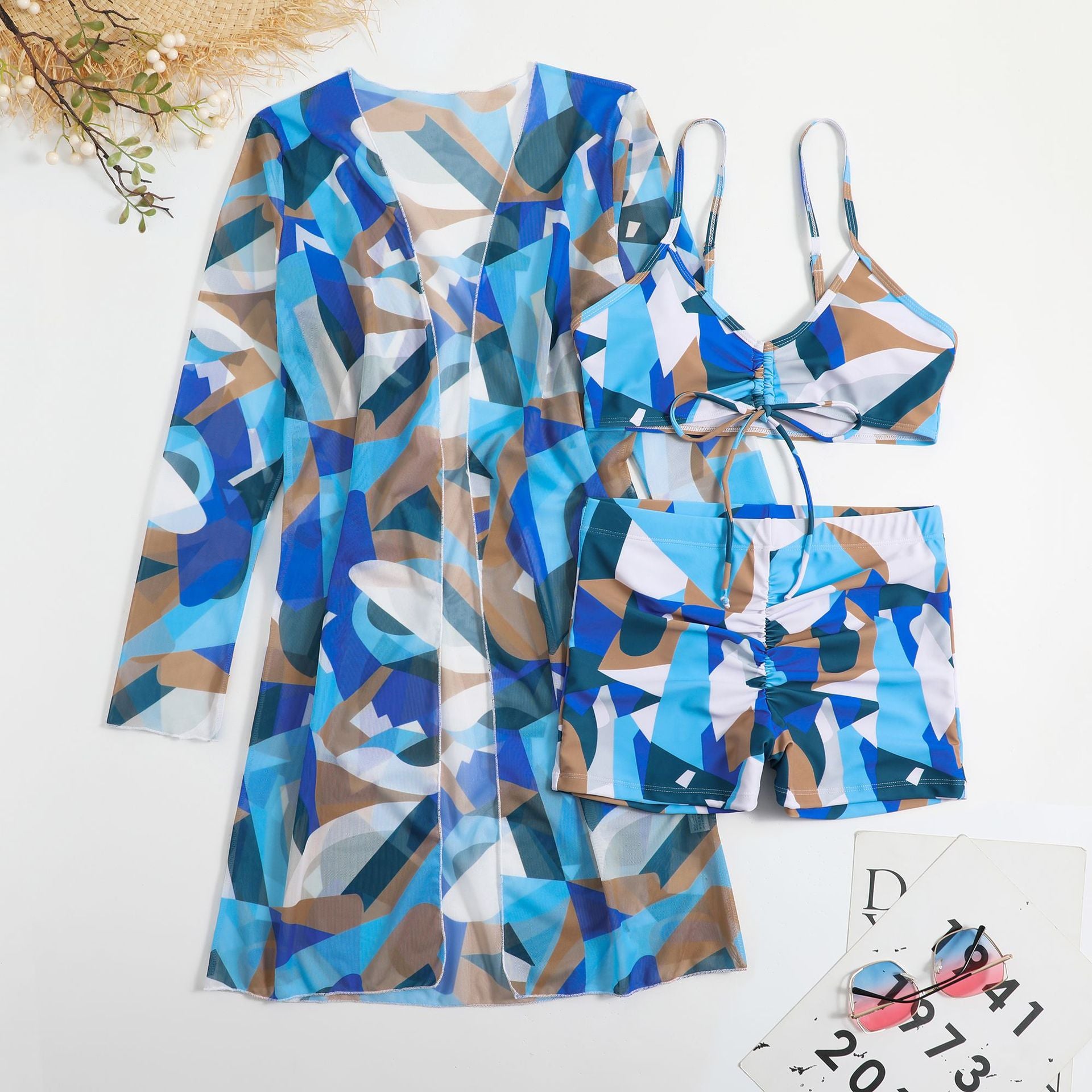 Wholesale Multicolor Printed Boxer Pants Veil Three-Piece Set Swimwear