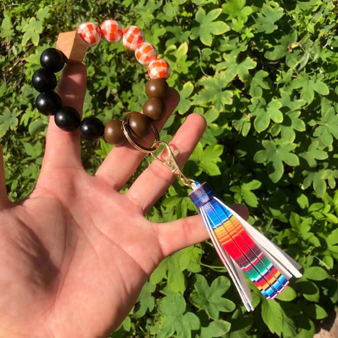Wholesale Christmas Wooden Beads Plaid Leopard Print PU Tassel Bracelet Keychain