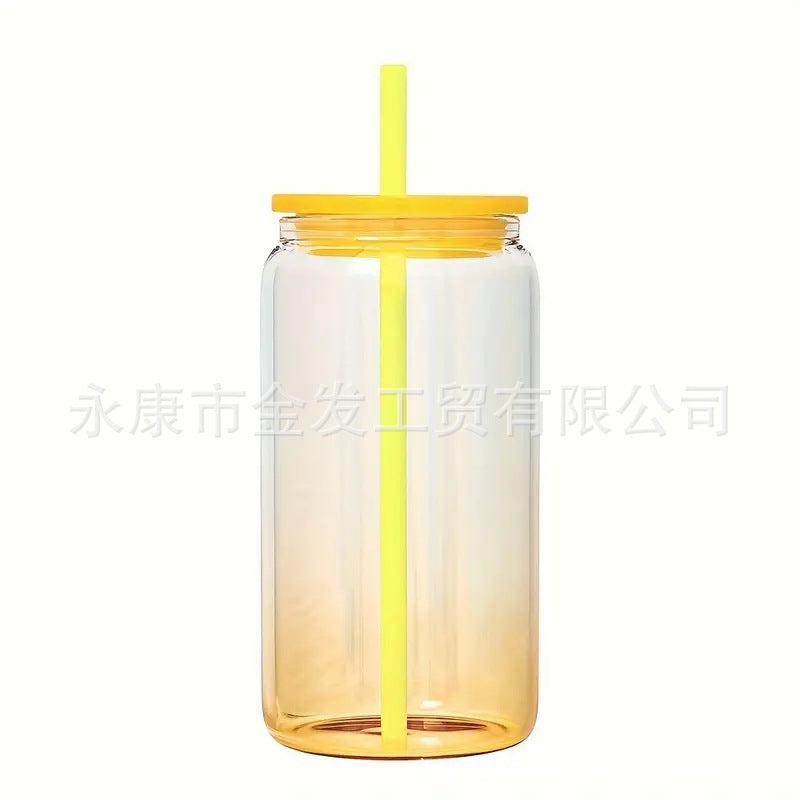 Wholesale 16oz Sublimation High Borosilicate Jelly Color Gradient Mason Glass Cup Portable Color PP Cover Glass Slipper Cup