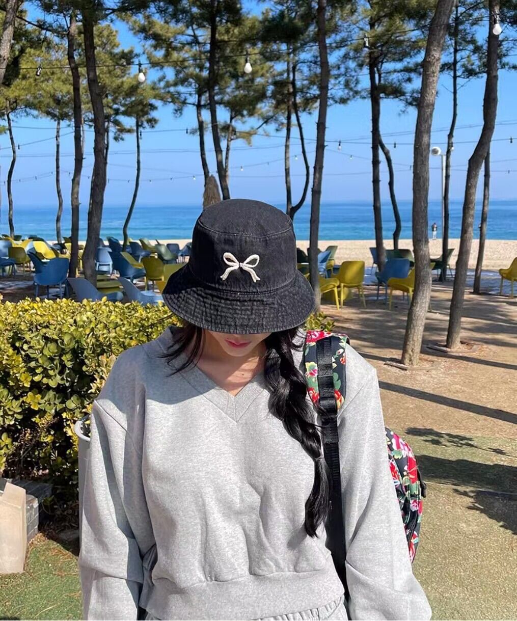 Wholesale Embroidered Bow Distressed Washed Denim Bucket Hat